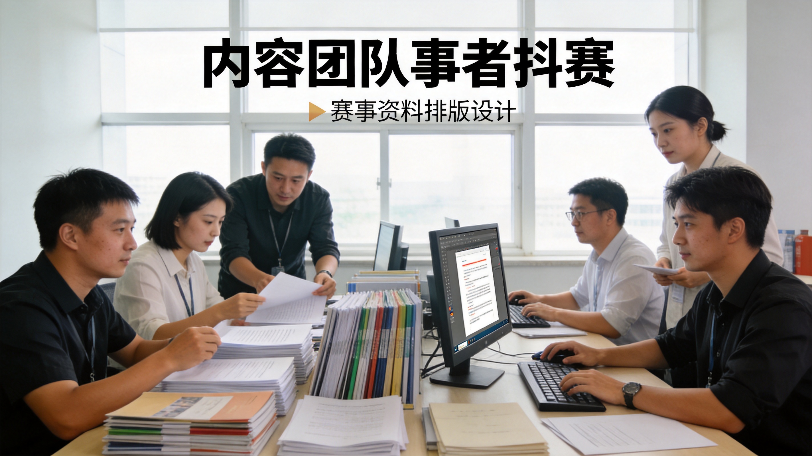 品牌说明模块配图，内容团队围绕赛事资料进行协作整理的工作场景
